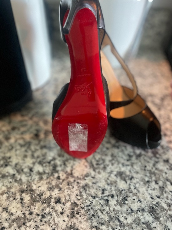 Christian Louboutin Black Patent Open-Toe Pumps with Red Sole